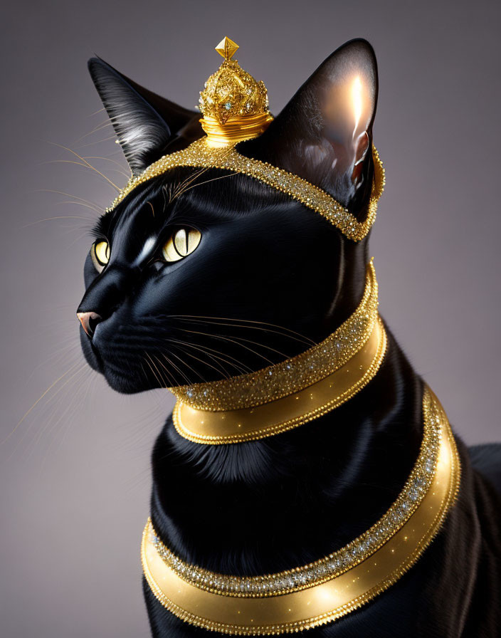 Black cat with gold jewelry on neutral background