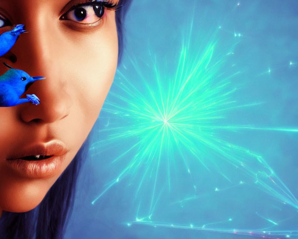 Close-up Woman's Face with Blue Digital Birds Overlay and Light Rays