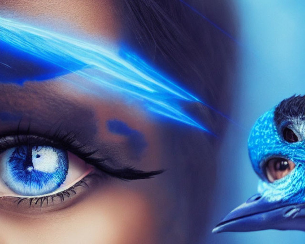 Close-Up of Blue Eye with Elaborate Eye Shadow Resembling Peacock Head