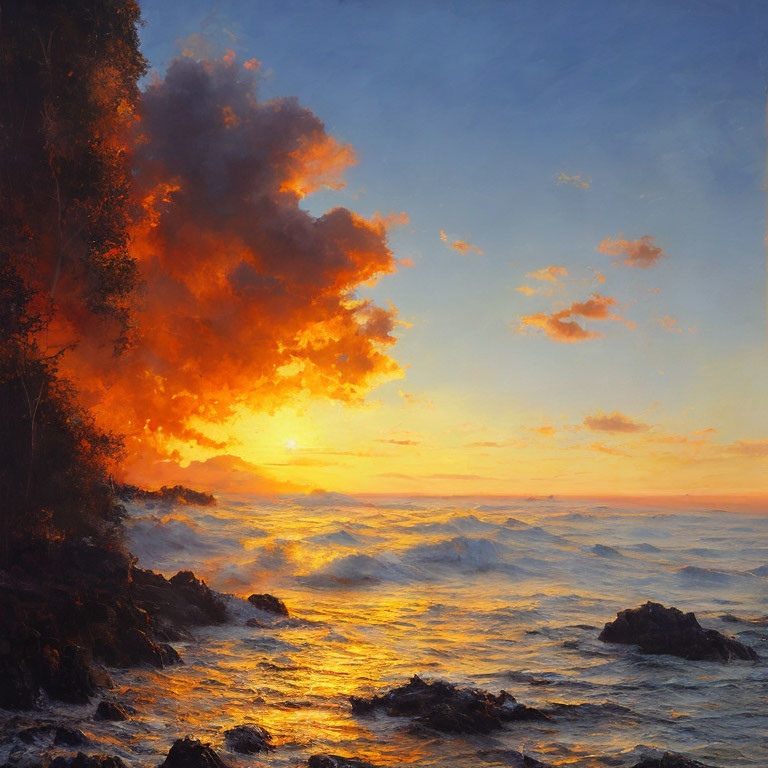 Fiery sunset seascape with crashing waves and rocky shoreline