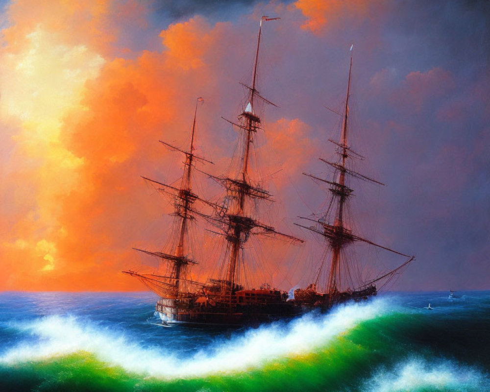 Vivid painting of two-masted sailing ship on tumultuous green waves under dramatic sky