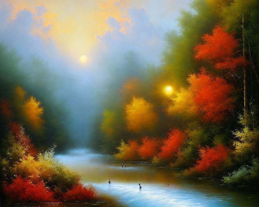 Tranquil autumn river landscape with colorful trees at sunrise or sunset