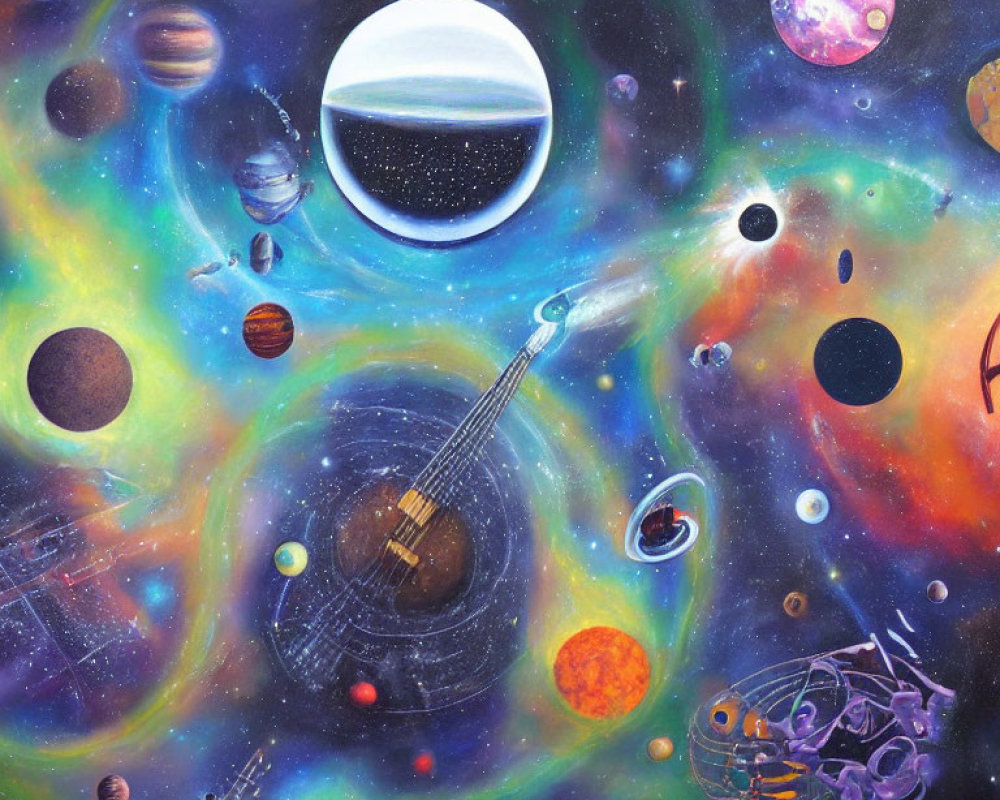 Cosmic surreal painting with guitar, planets, spaceman, and nebulae