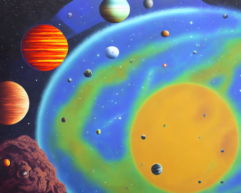 Vibrant space-themed painting with celestial bodies, planets, stars, and orbits