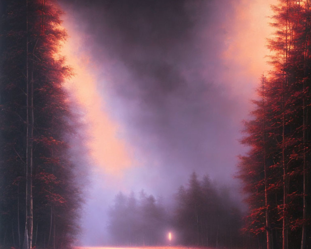 Misty forest road at dusk with warm sunlight and distant streetlight