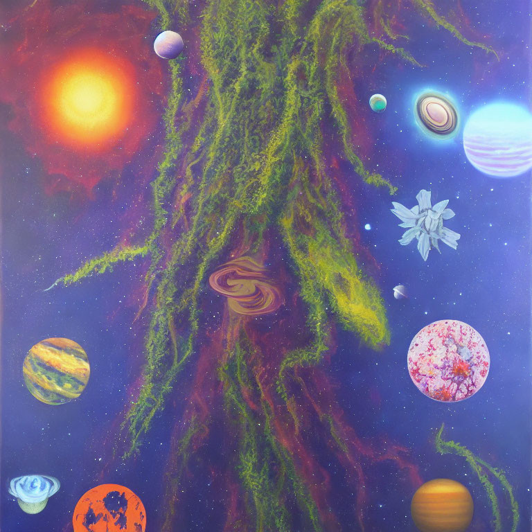 Colorful cosmic scene with green nebula, stylized planets, sun, and space-suited figure