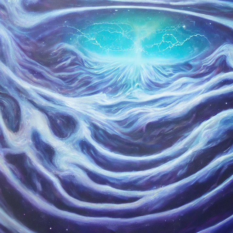 Ethereal cosmic painting of swirling blue and purple nebula with bright star energy.