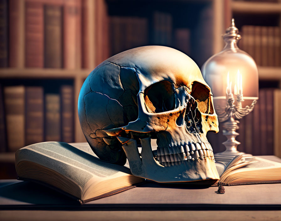 Human skull on open book with oil lamp against bookshelves