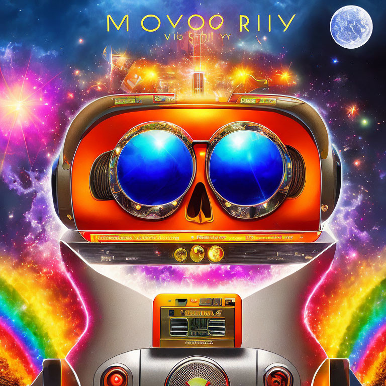 Colorful surreal image: Vintage binocular and boombox with cosmic background