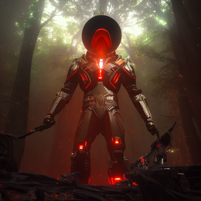 Futuristic warrior in black and red armor in misty forest with glowing red visor