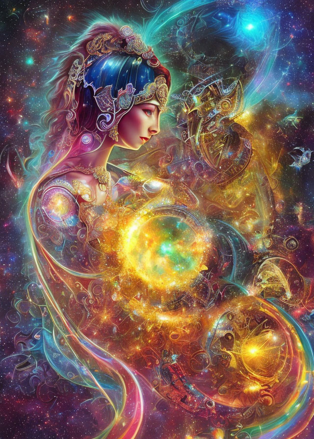 Colorful artwork of woman with ornate headgear gazing at cosmic orb in celestial space.