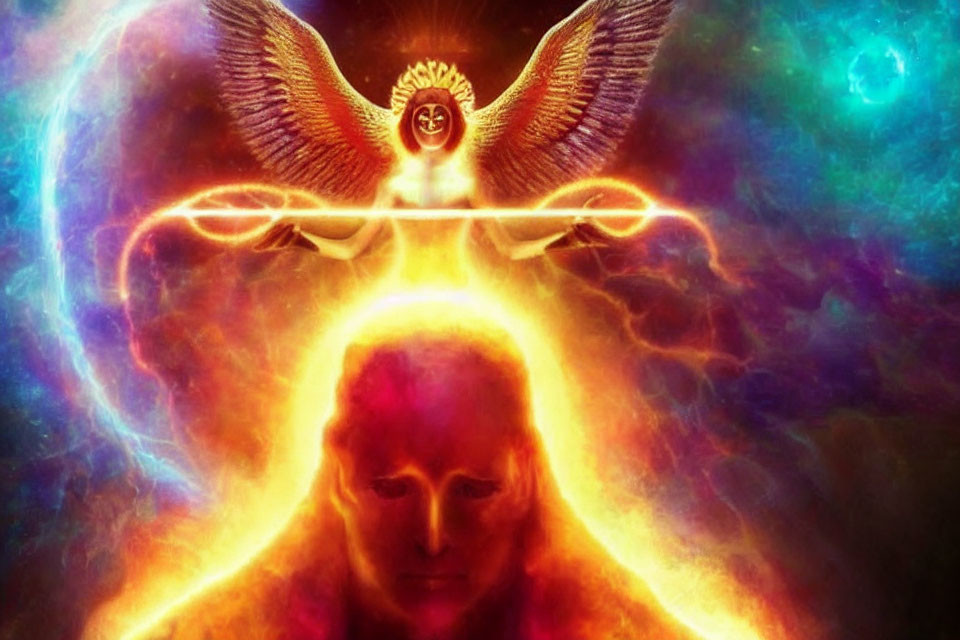 Colorful digital artwork: Glowing humanoid and angelic figure in cosmic energy