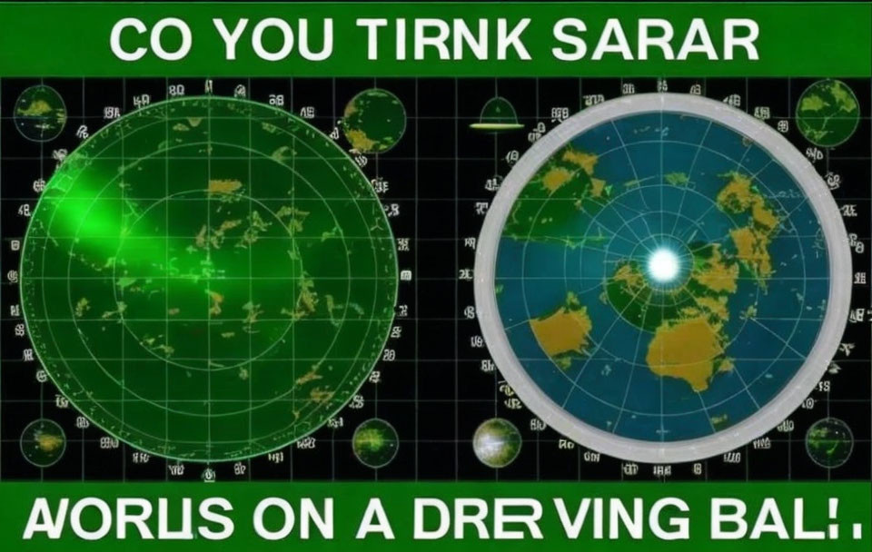 Digital radar screens displaying Earth in various projections with misspelled text.