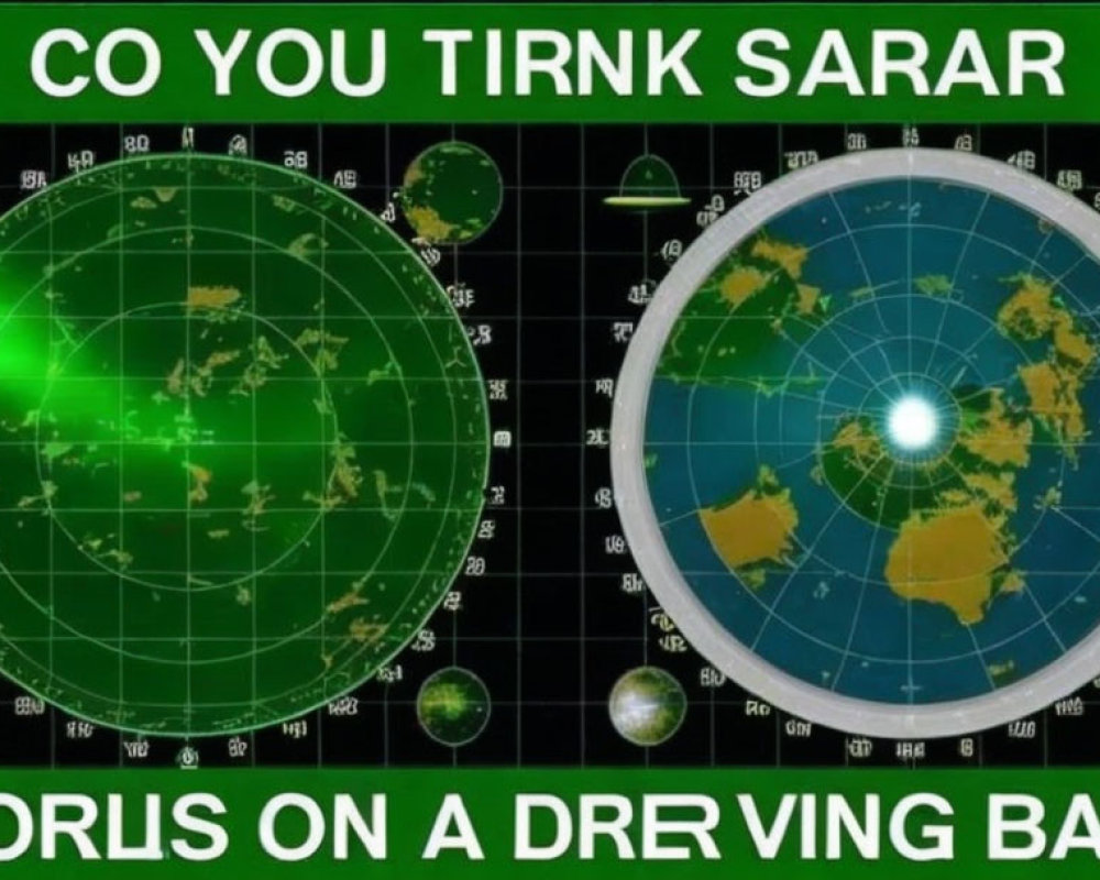 Digital radar screens displaying Earth in various projections with misspelled text.