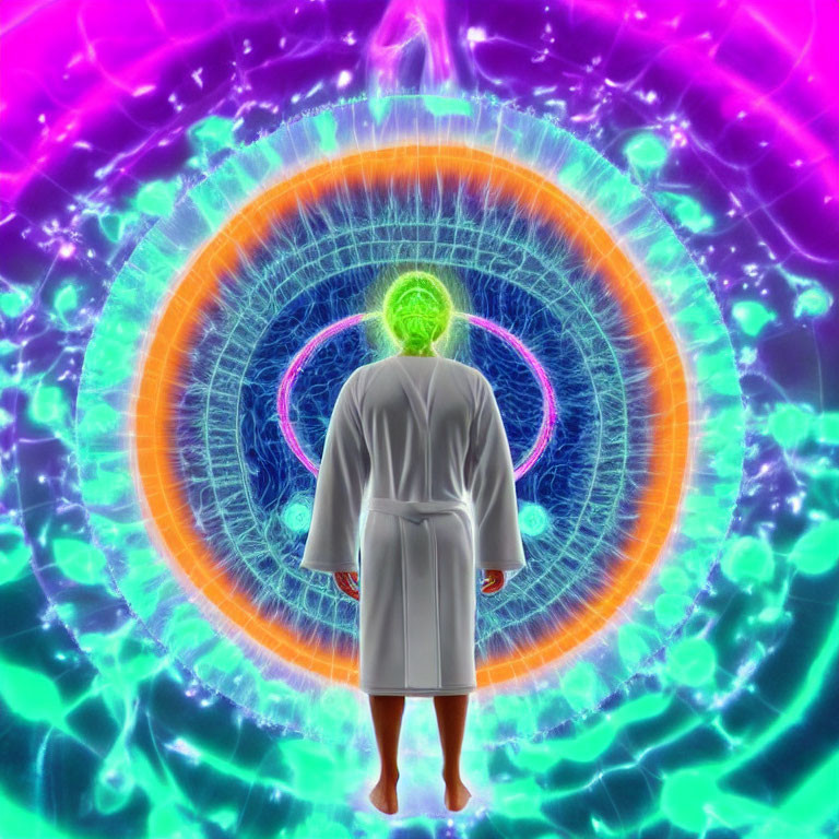 Person in White Robe Standing Against Psychedelic Backdrop