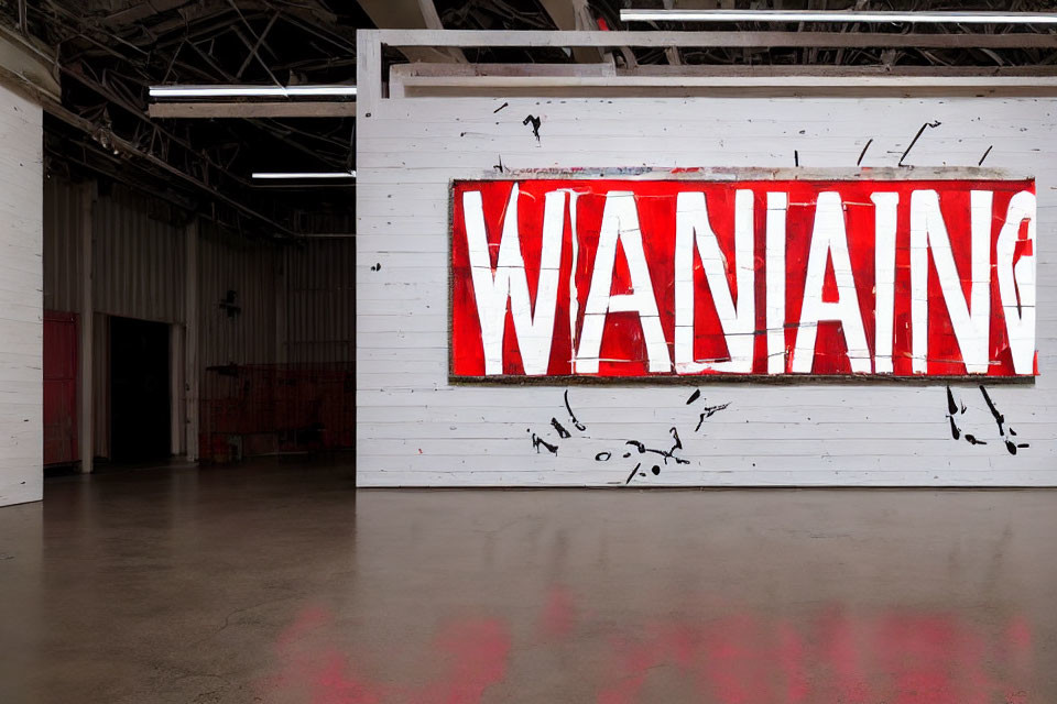 Red "WARNING" text on white wooden barrier in industrial building