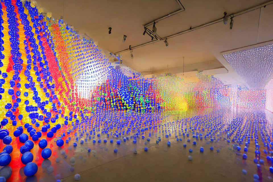 Colorful Hanging Spheres Forming Rainbow Gradient in White Room