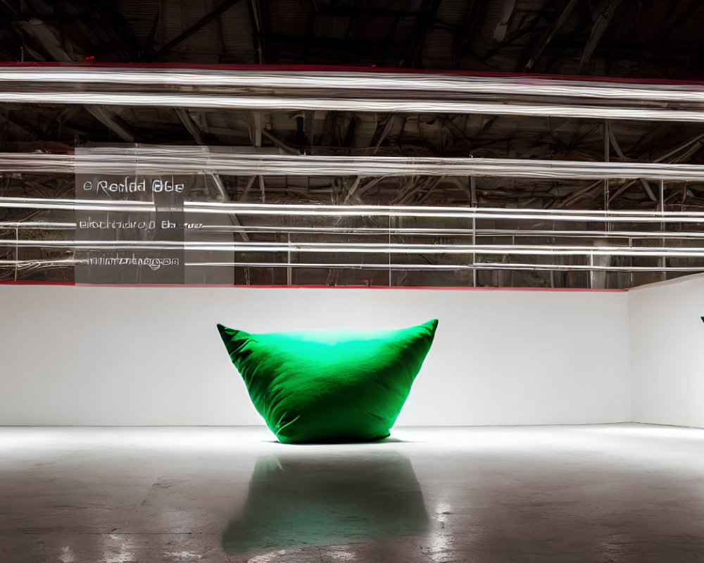 Exposed ceiling structures illuminated by long horizontal lights with bright green glowing pillows