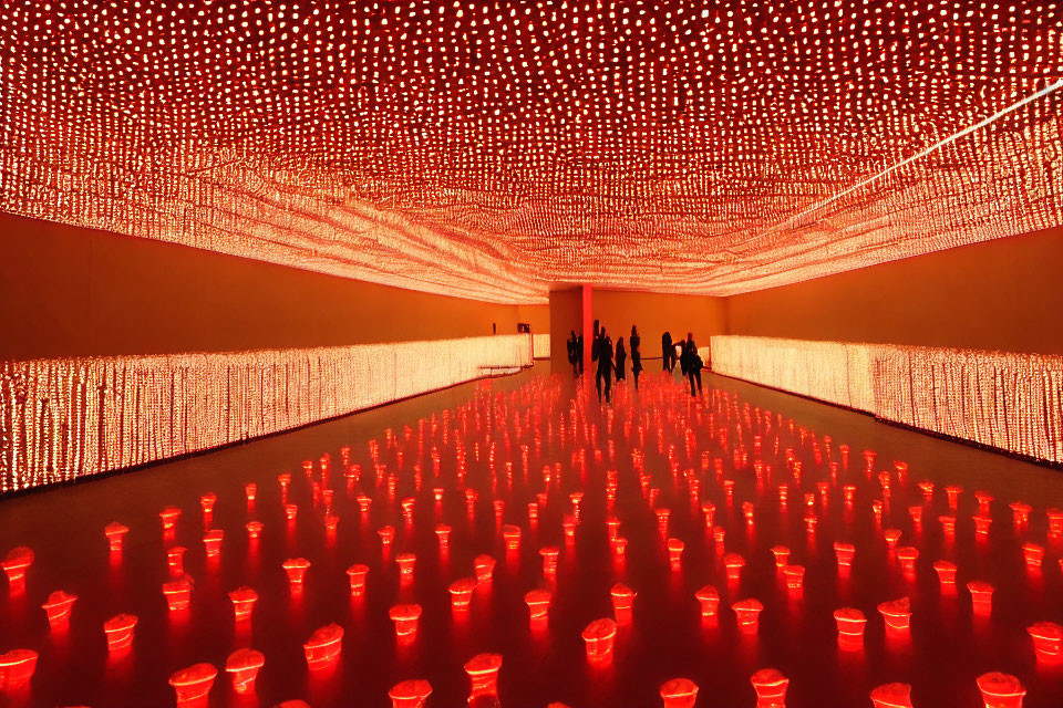 Bright Red Room with Suspended Ceiling Lights and Floor Lamps