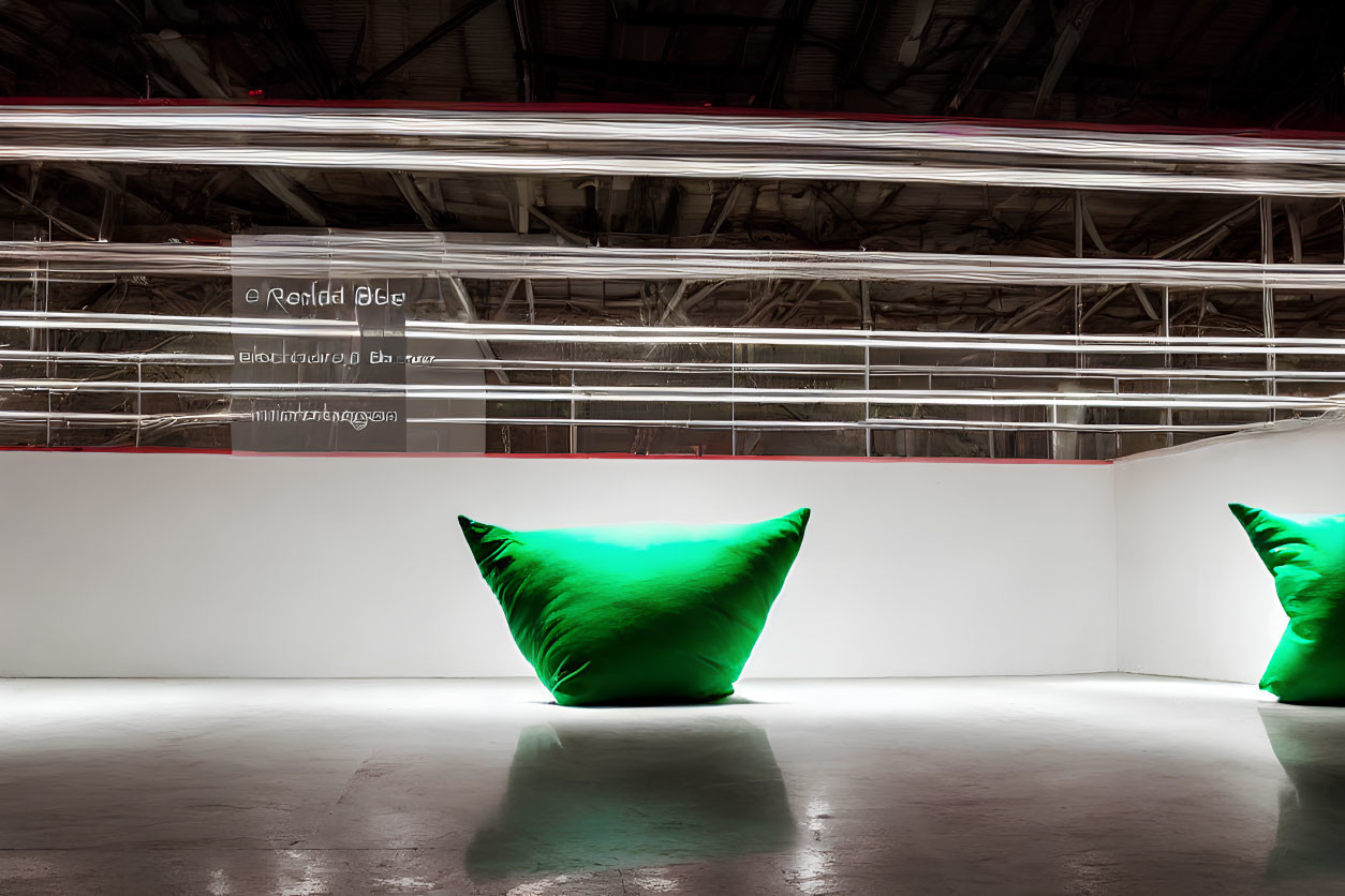 Exposed ceiling structures illuminated by long horizontal lights with bright green glowing pillows