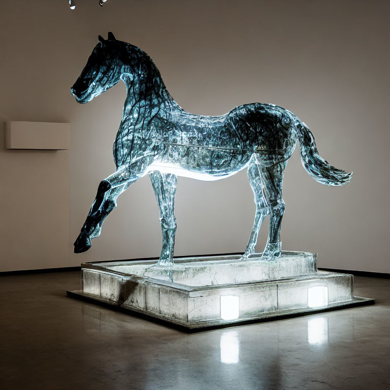 Transparent Horse Sculpture with Intricate Detailing on Backlit Platform