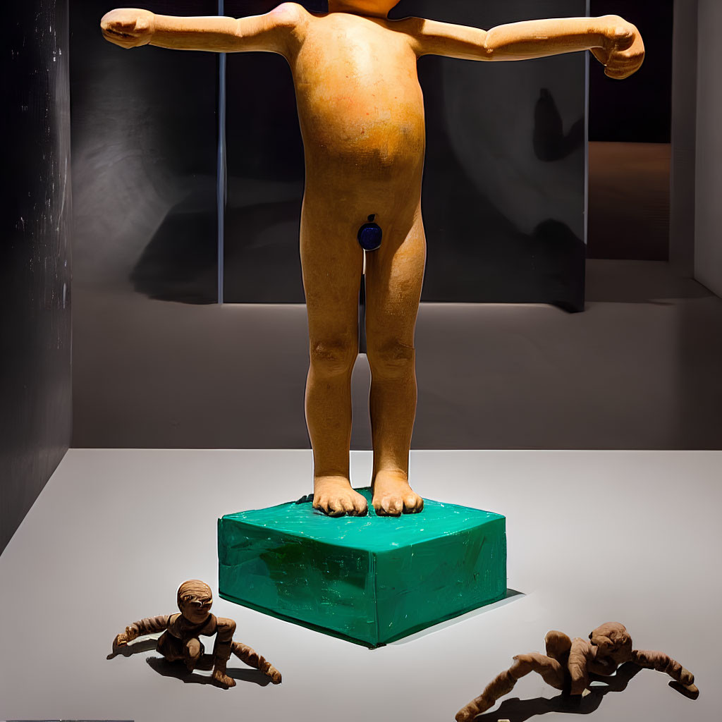 Unique art installation featuring central humanoid figure with four arms on green block, accompanied by crouching figures