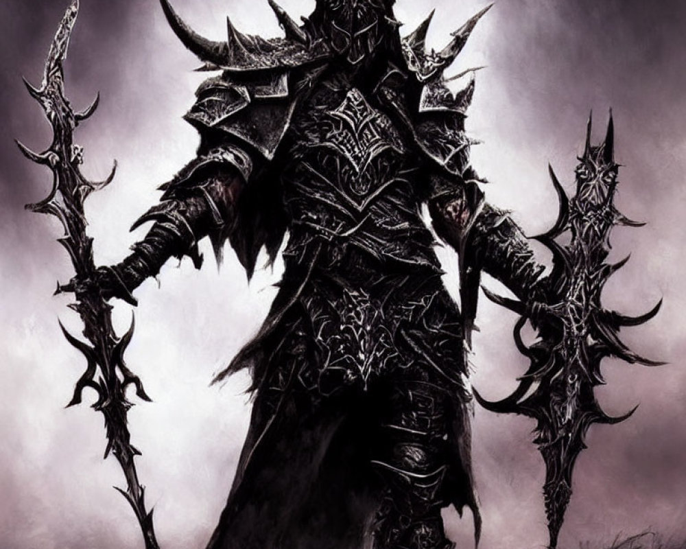 Dark armored figure with menacing helmet and jagged weapons on gloomy backdrop