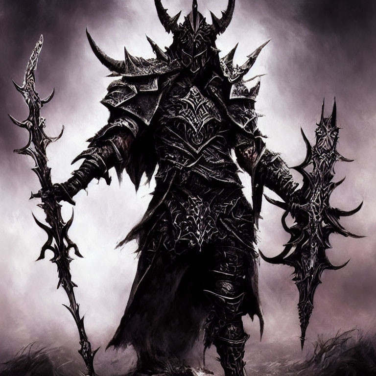 Dark armored figure with menacing helmet and jagged weapons on gloomy backdrop