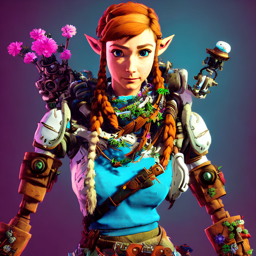 Female elf character with orange hair in blue attire and intricate details