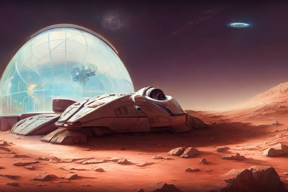 Futuristic spacecraft on red terrain with transparent dome and flying craft