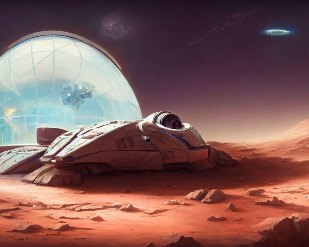 Futuristic spacecraft on red terrain with transparent dome and flying craft