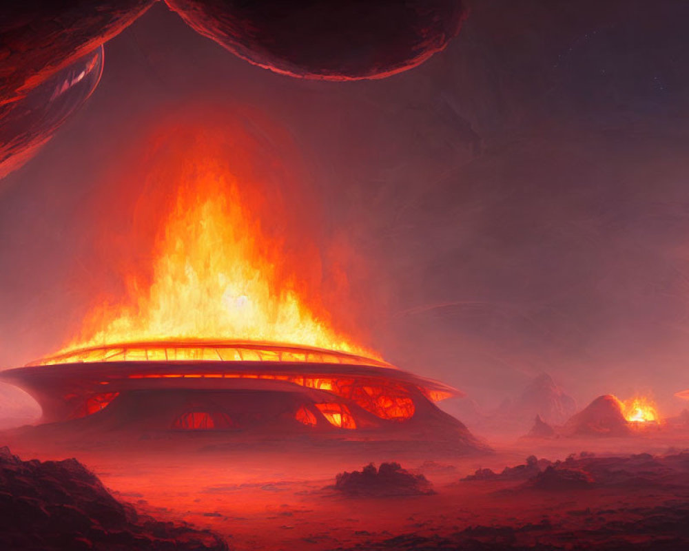 Erupting volcano in futuristic alien landscape