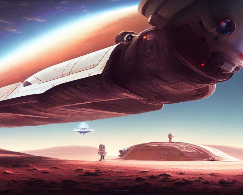 Large Spaceship Hovering Over Barren Red Terrain with Astronaut and Small Craft in Sci-Fi Scene