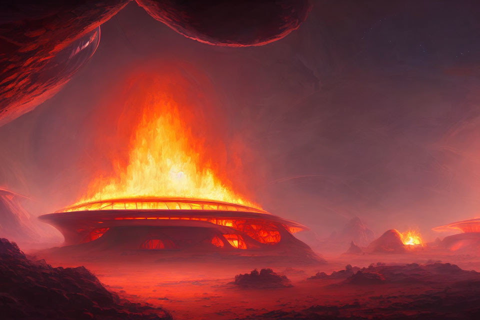 Erupting volcano in futuristic alien landscape