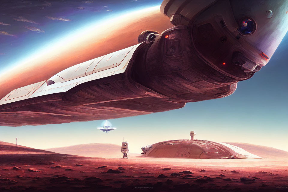 Large Spaceship Hovering Over Barren Red Terrain with Astronaut and Small Craft in Sci-Fi Scene