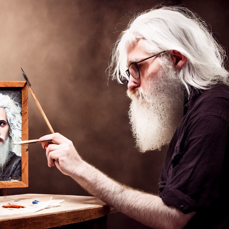 Bearded artist painting self-portrait on canvas with glasses