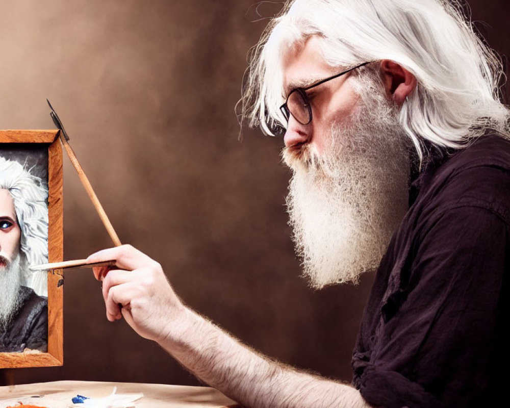 Bearded artist painting self-portrait on canvas with glasses