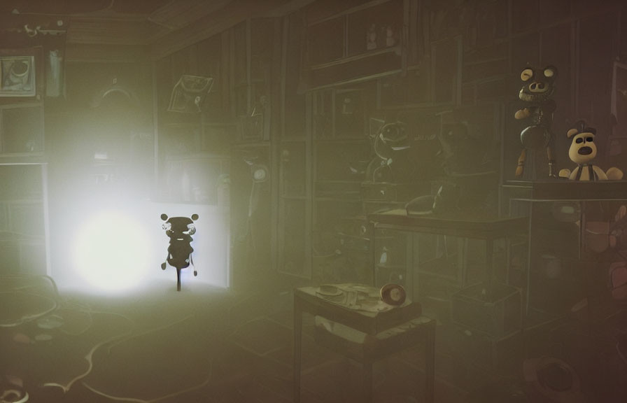 Illustrated mouse character in dimly lit room with shelves and glowing orb