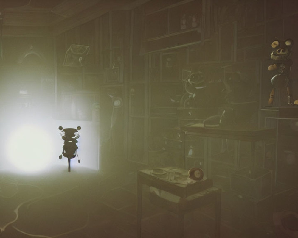 Illustrated mouse character in dimly lit room with shelves and glowing orb