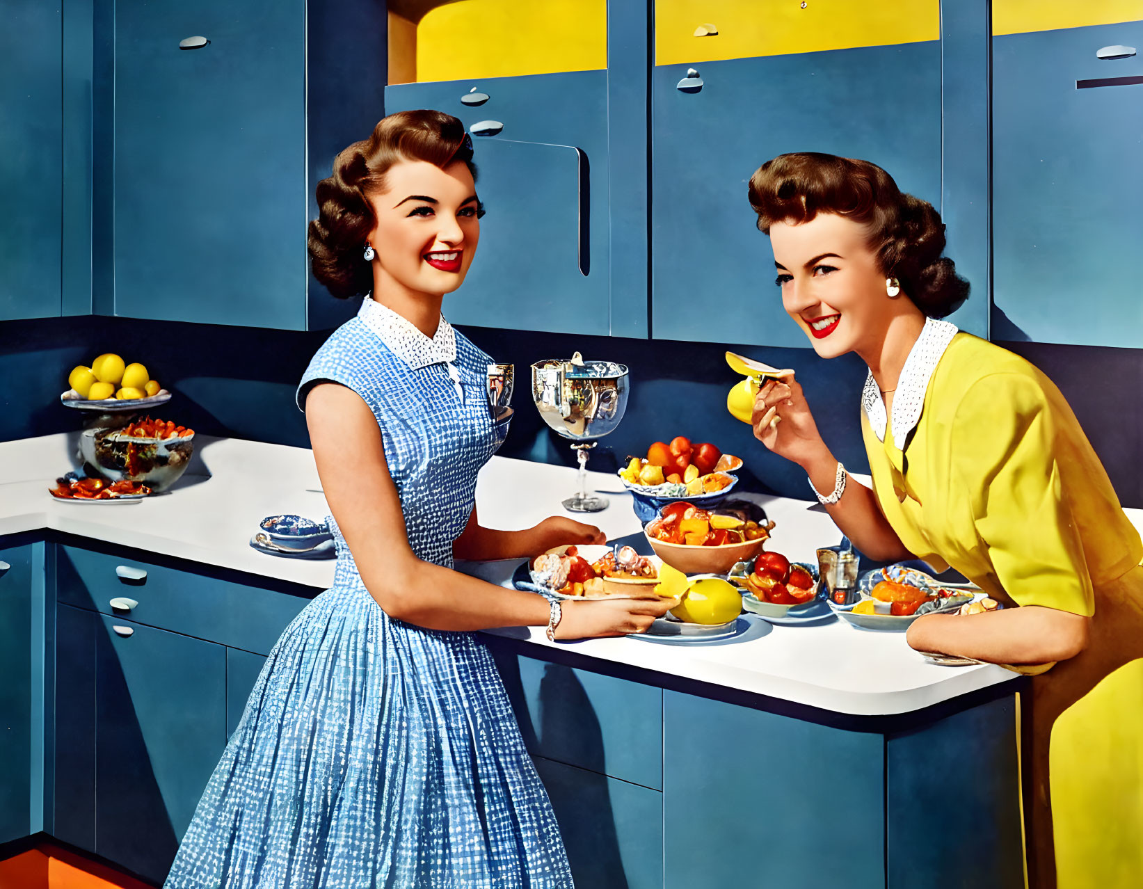 Two women in vintage dresses in colorful retro kitchen scene