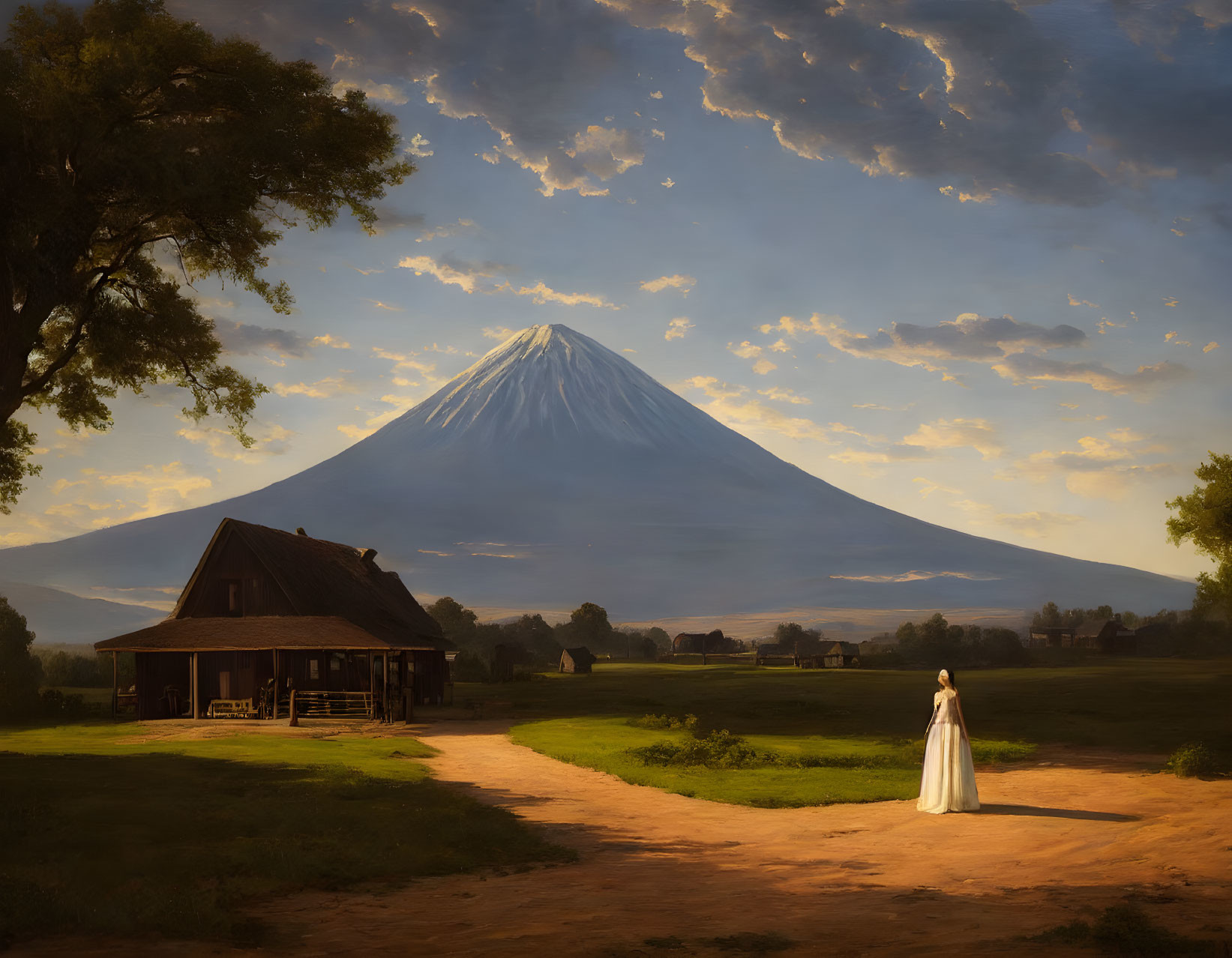 Woman in white dress by wooden house with snow-capped mountain