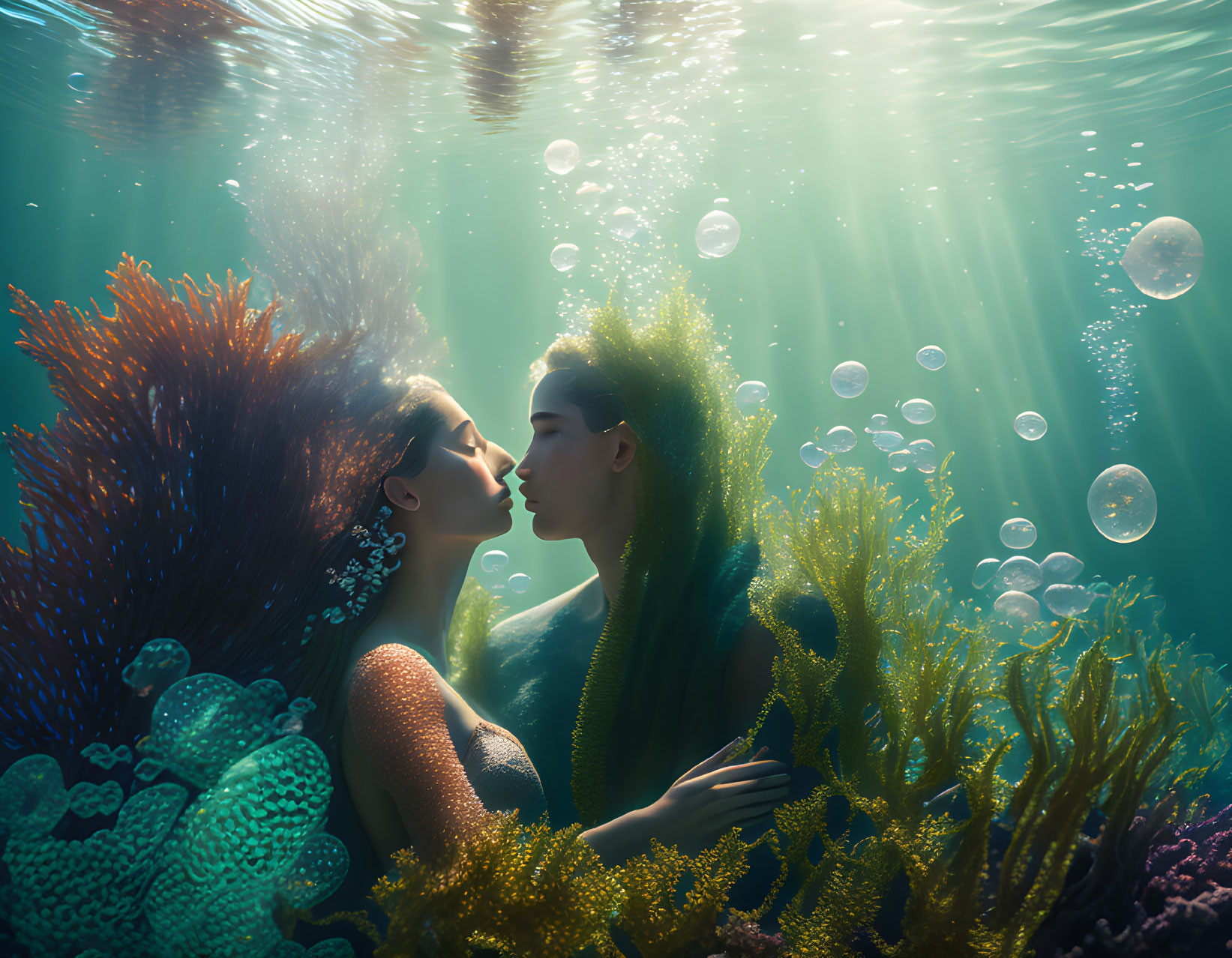 Mermaids kissing underwater with bubbles and sunlight