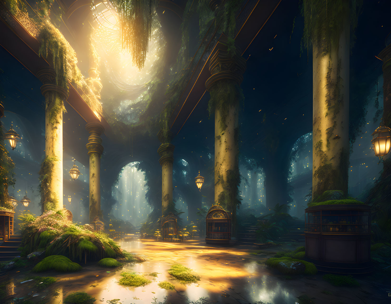 Ethereal forest temple with towering columns and glowing lanterns