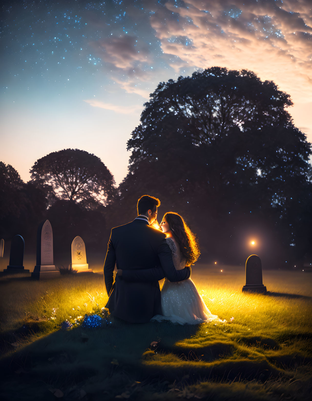 Couple Embracing in Serene Cemetery at Dusk