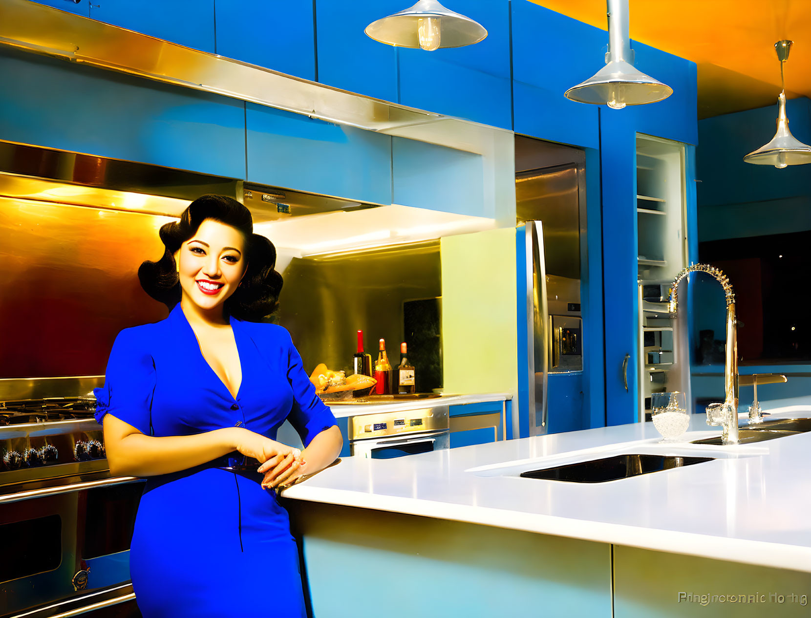 Smiling woman in blue dress in modern kitchen with blue cabinets