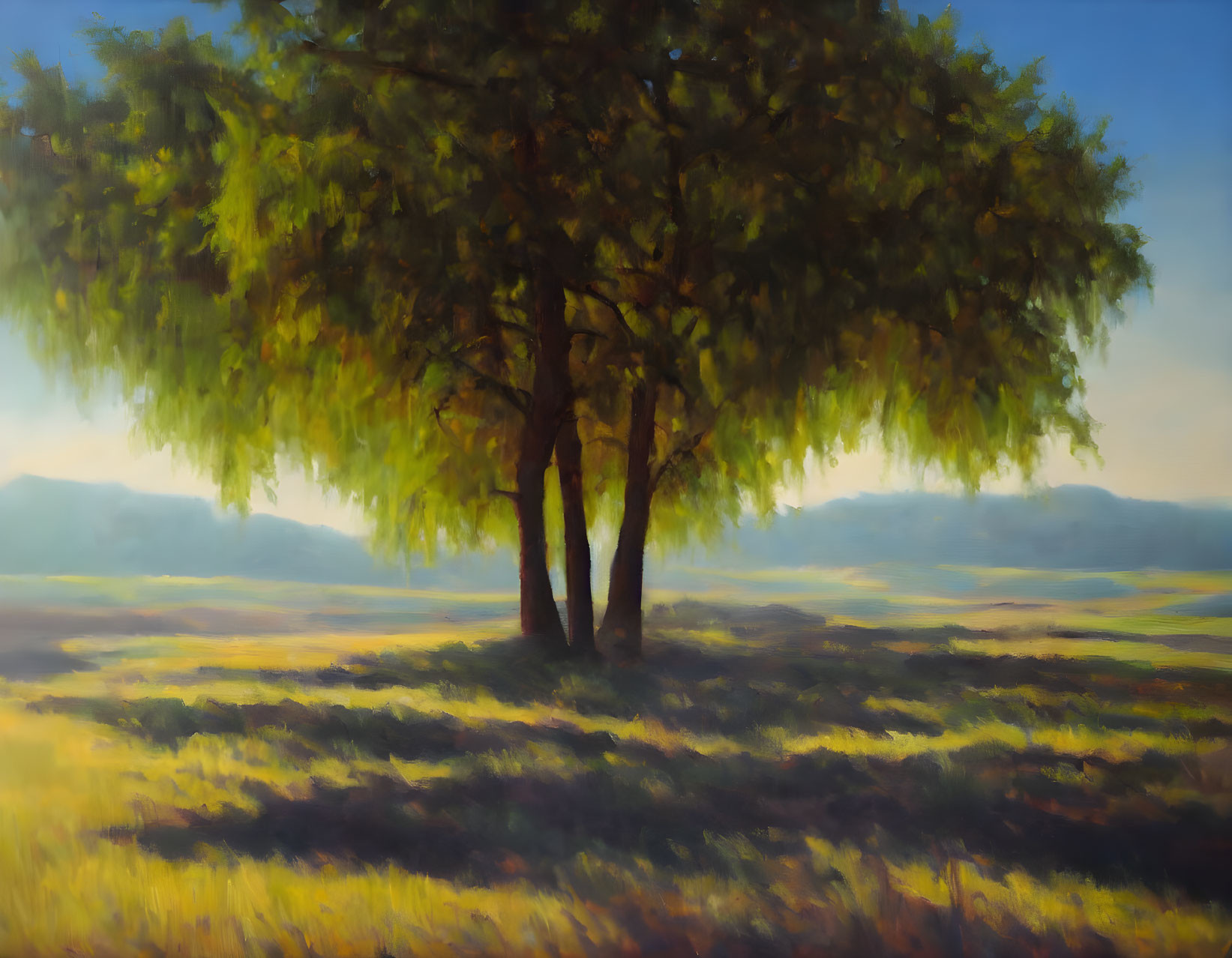 Lone tree painting with lush foliage and sunlit field