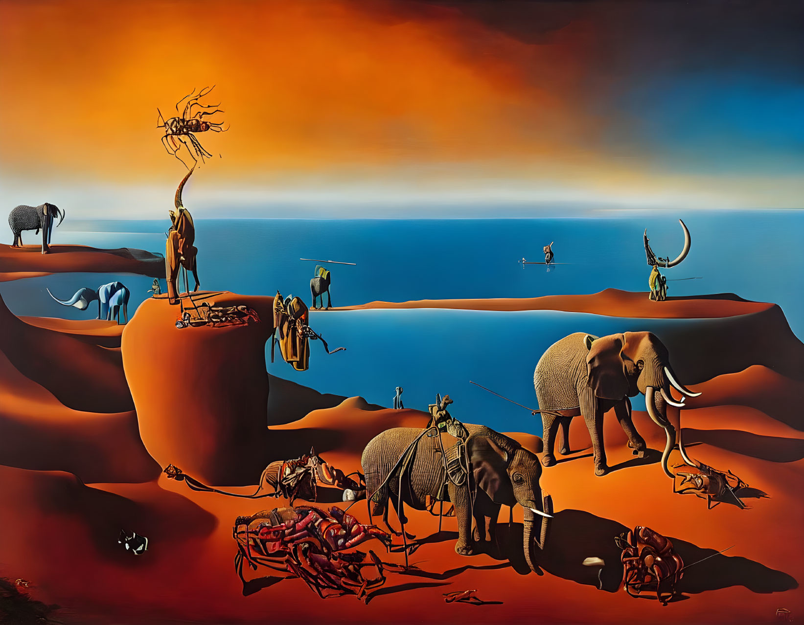 Surreal desert landscape with elephants, melting clocks, and barren trees