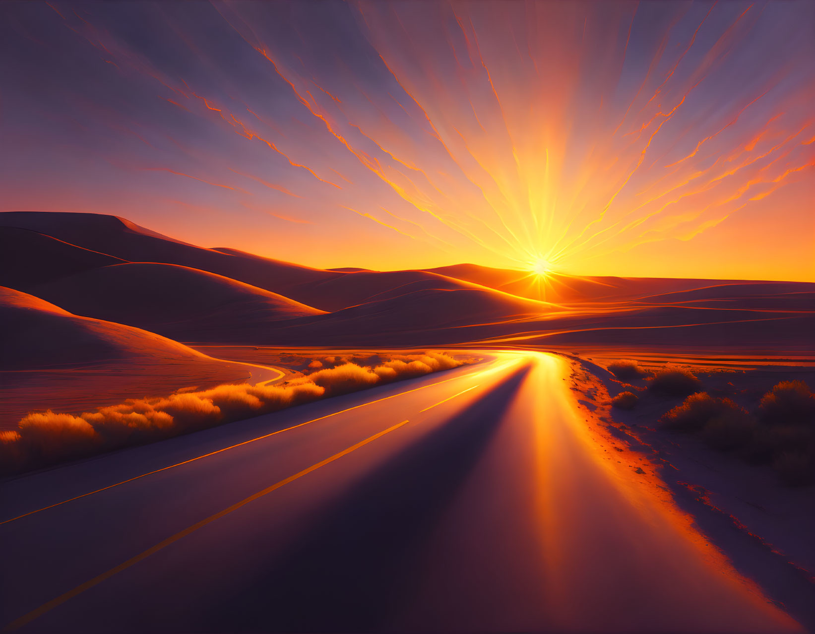 Vivid sunset over winding road through sand dunes