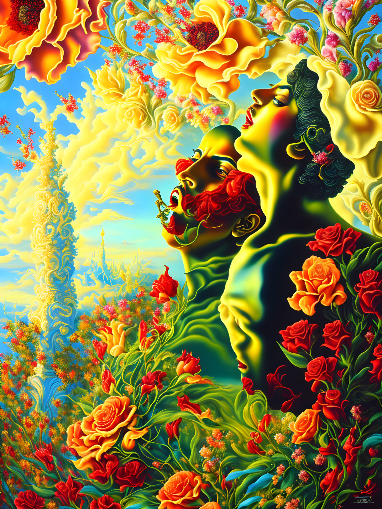 Colorful Surreal Artwork: Faces with Floral Patterns in Fantasy Landscapes