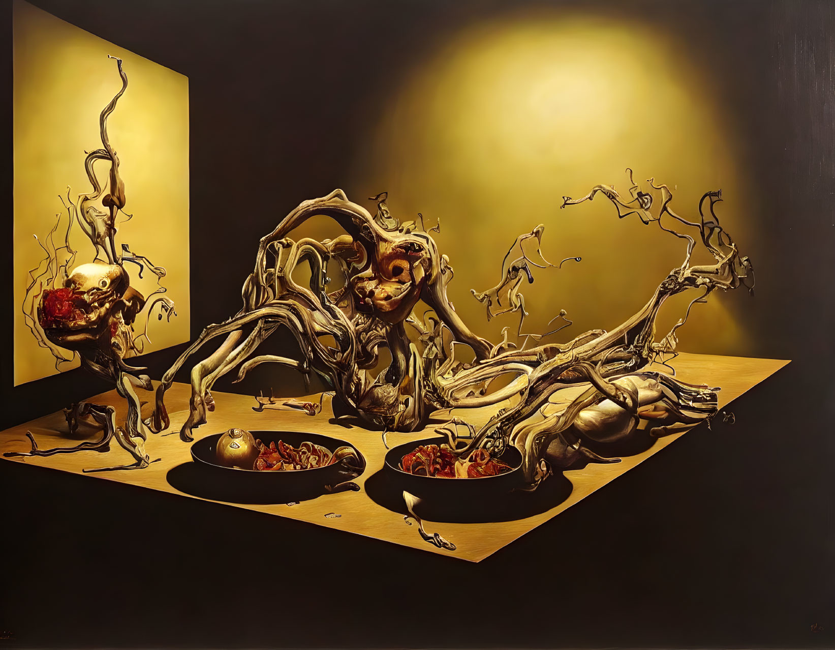 Surreal still life painting: skull-like forms, twisted branches, fruit bowls, dark backdrop.